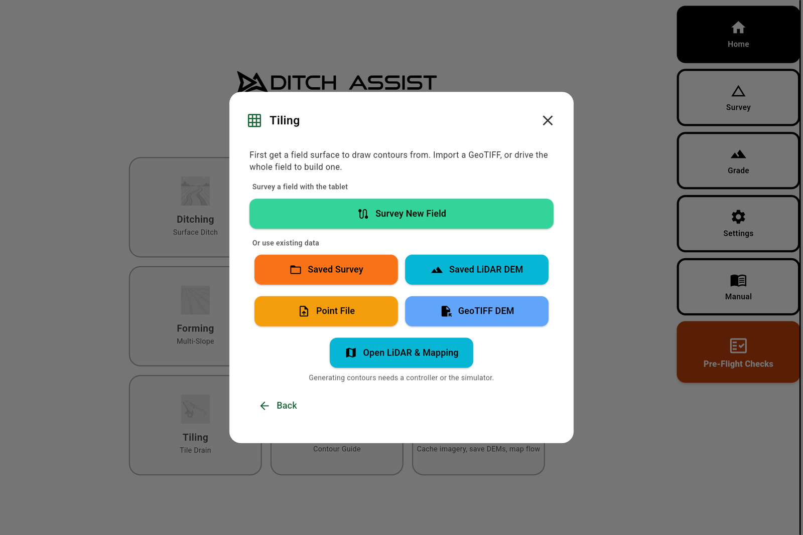 Tiling setup dialog in the Ditch Assist app with Saved LiDAR DEM and Open LiDAR & Mapping options