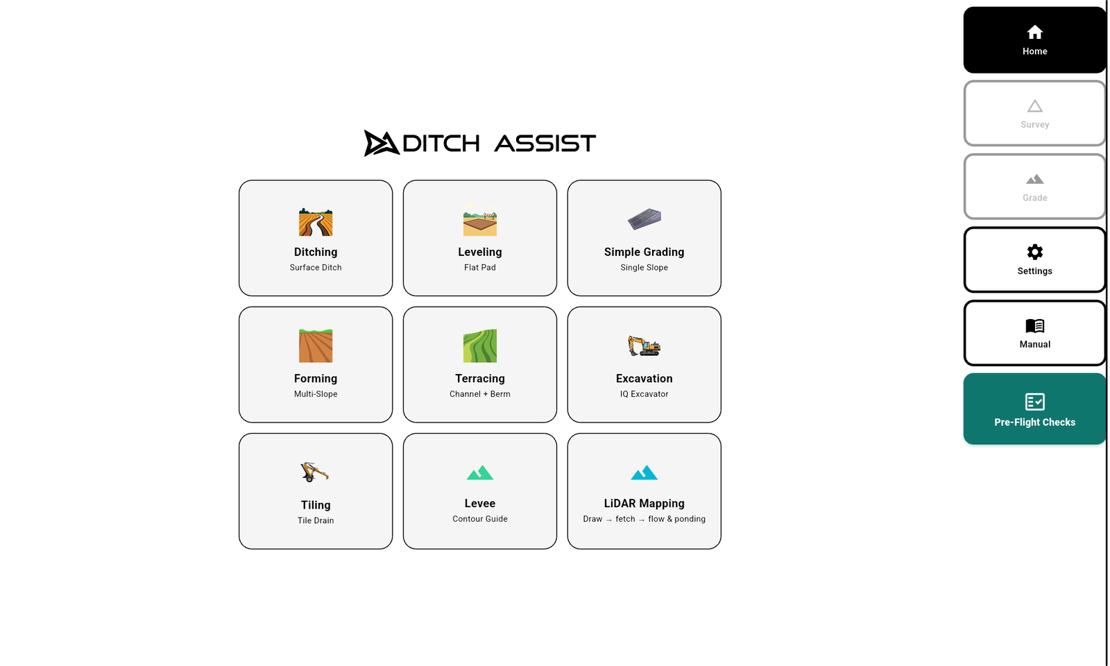 The Home screen — pick a workflow card to begin.