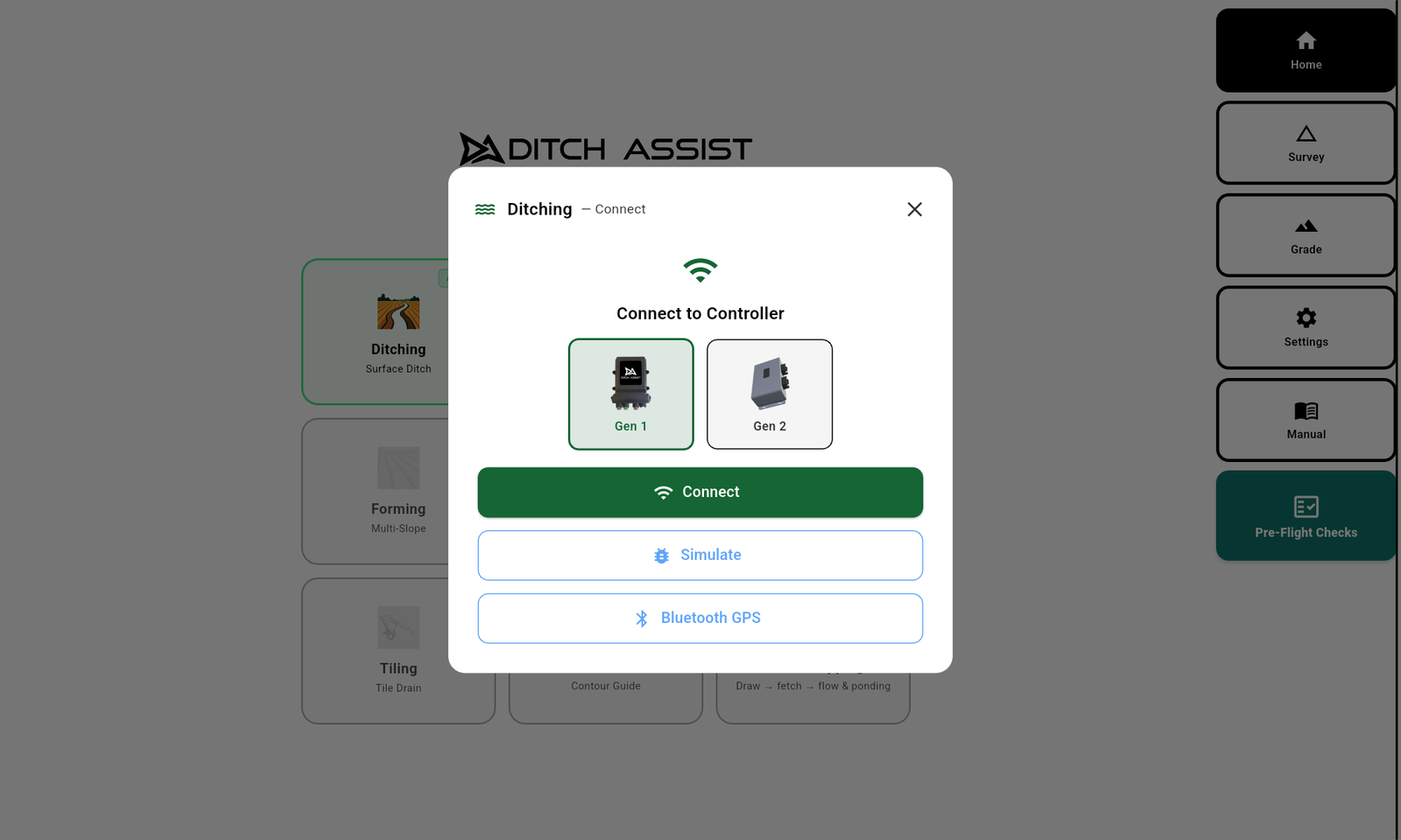 Connect step in the workflow wizard. Tap Connect to talk to the real controller, or Simulate to walk through the app without machine wiring.