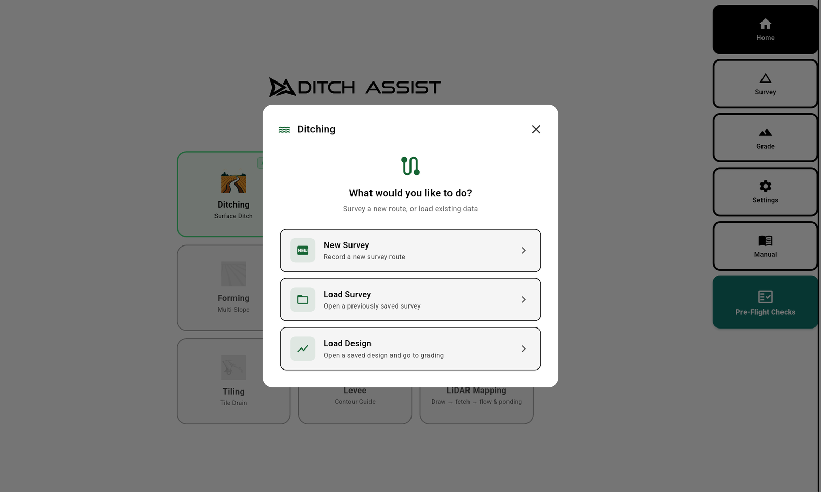 Ditching wizard action choice — pick whether to record a new survey, load one from disk, or jump straight to grading a saved design.