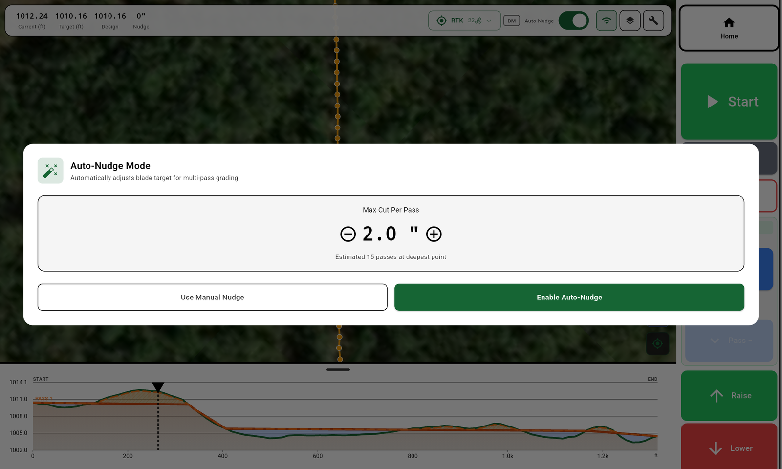 Auto-Nudge Mode prompt — pick multi-pass cutting depth. The default 2″ (5 cm) per pass works for most soils.