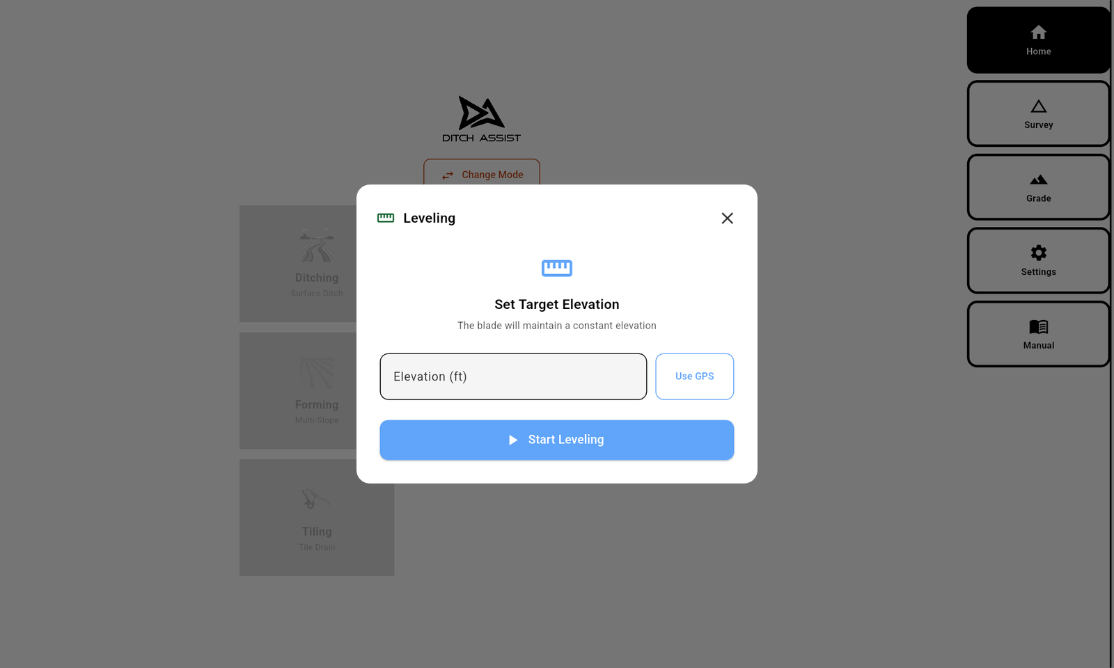Leveling input bar at the bottom of the Grade screen — Set Target, Use Current, Dig This Deep.