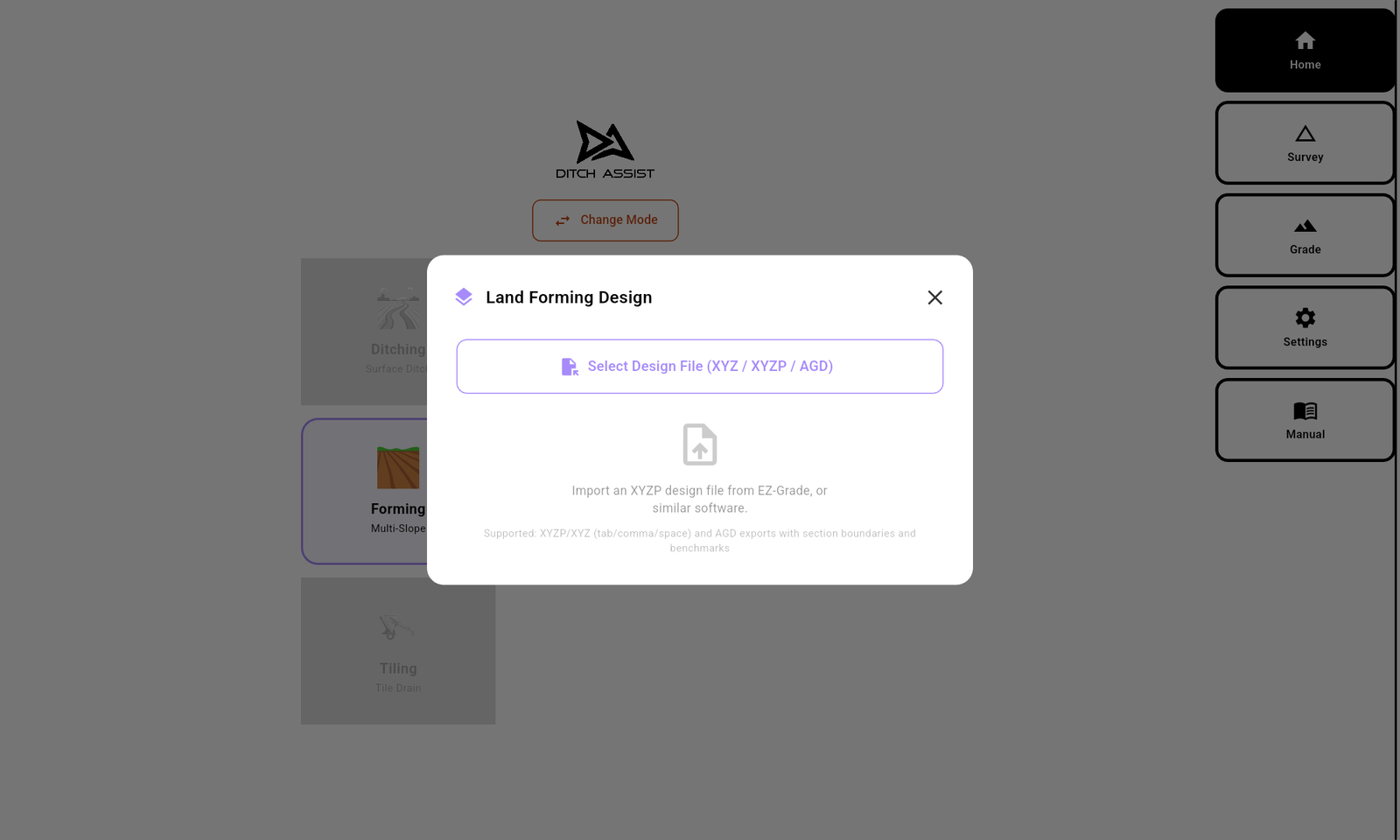 Land Forming import dialog — pick the design file (XYZ, XYZP, AGD, or LandXML) from disk.