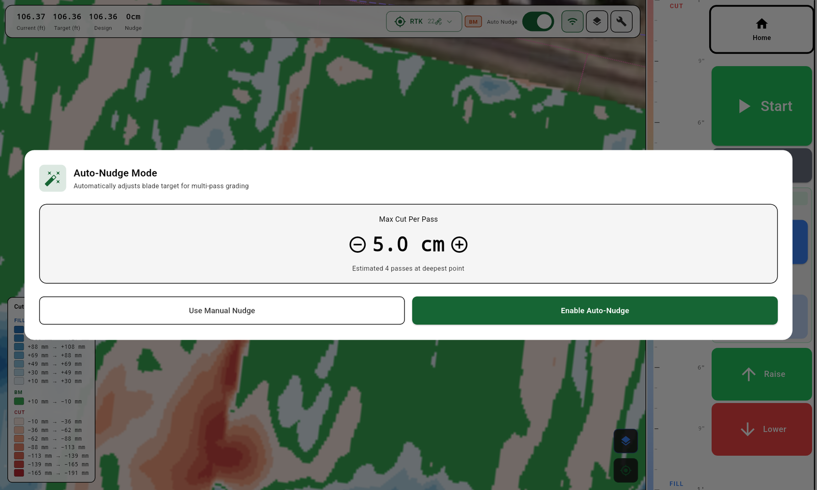 Auto-Nudge Mode prompt in metric — pick Max Cut Per Pass for multi-pass grading. Defaults to 5 cm.