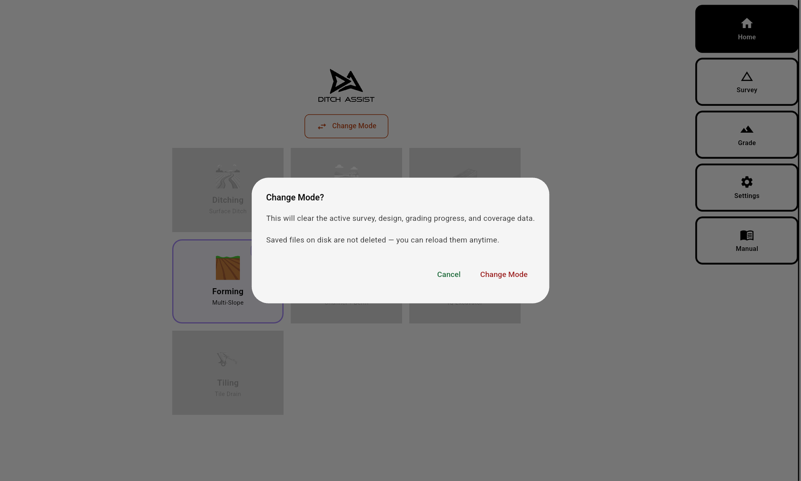 Change Mode confirmation — saved files on disk are not affected.