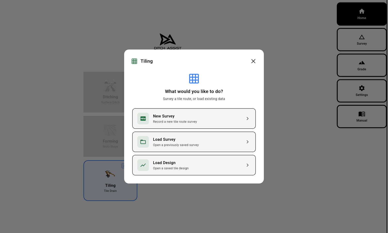 Tiling wizard — New Survey, Survey Whole Field, Load Survey, or Load Design.