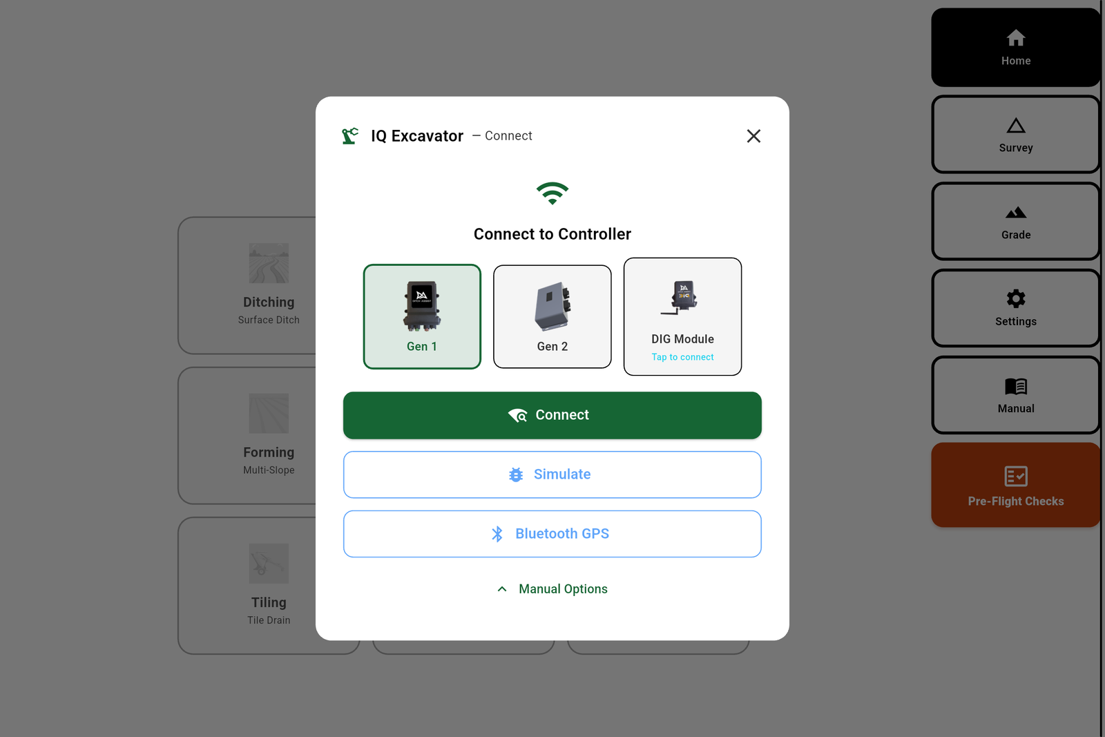 The Excavator connect step. Tap Connect to auto-detect the DIG module, or expand Manual Options for the module cards.