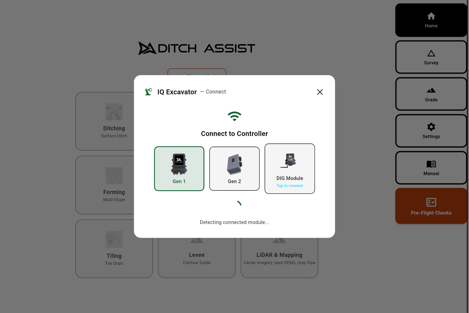 Connecting — the spinner shows while the app finds the DIG module.